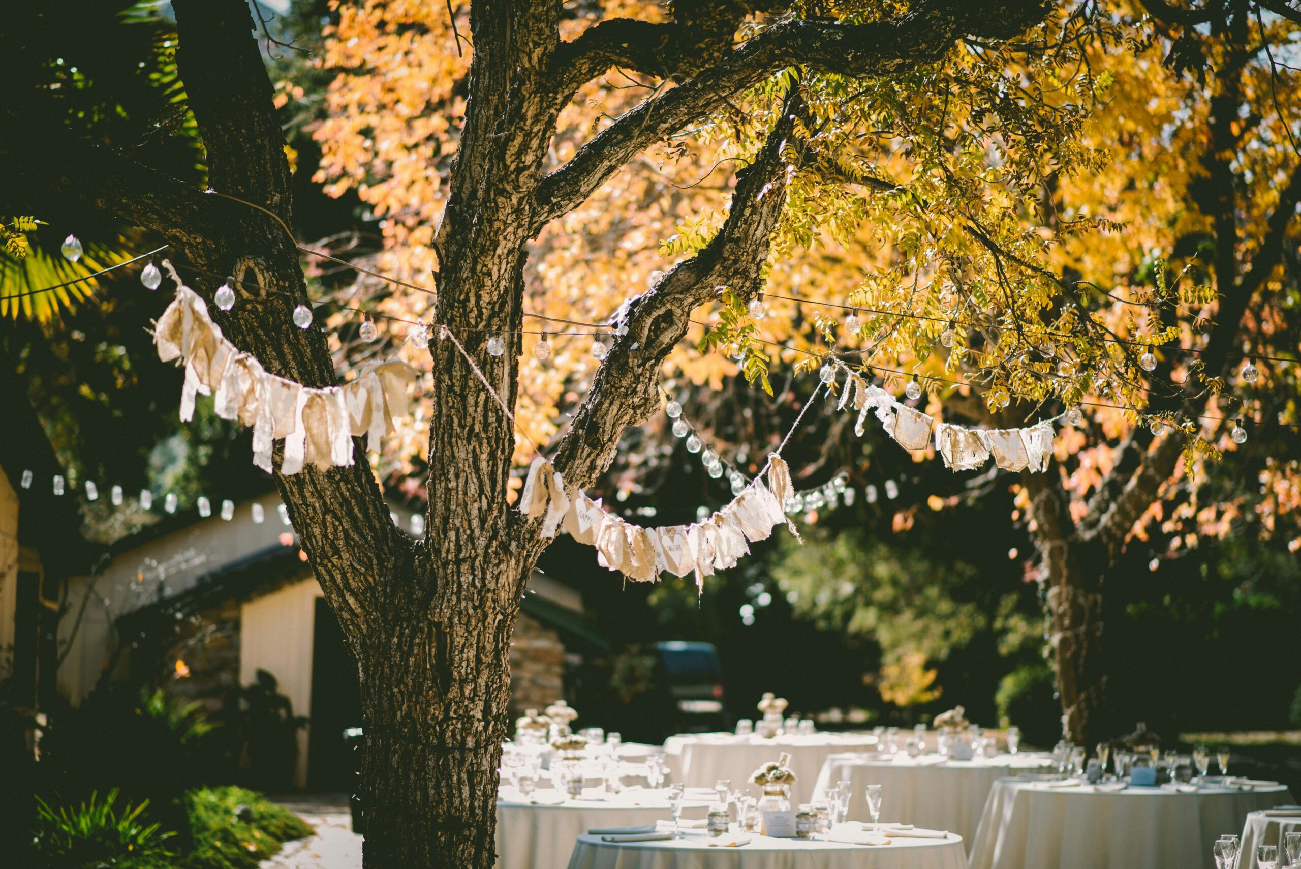 A tree with colorful bunting is over tables set with white cloths and tableware for a wedding.